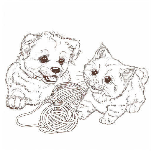 Playful puppy and kitten with a ball of yarn