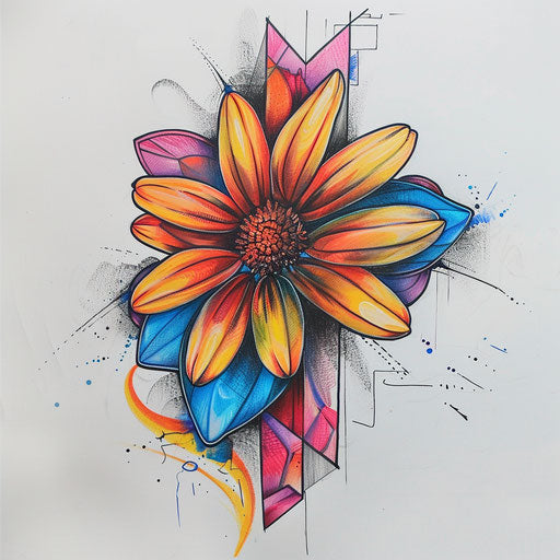 Contemporary tattoo sketch in clipart style depicting an abstract daisy