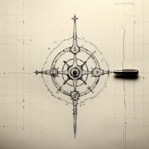 Sword, pentagon, circle, minimalist pen drawing style, medieval, frost, 16th century, dau-al-set, tattoo, maquette
