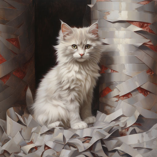 Grey kitten with scratch pile in cage, light maroon and white style