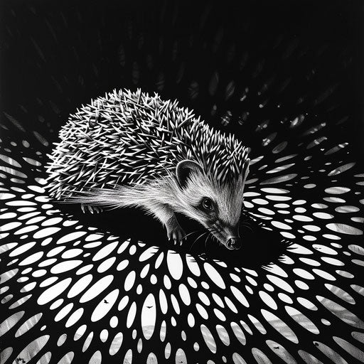A hedgehog basking in the sun, its spines casting intricate shadows on the ground