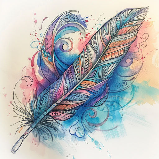 Native American feather tattoo design with intricate patterns and soft pastel colors on a white canvas