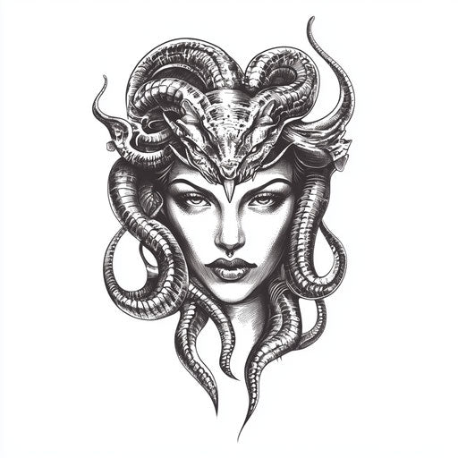 Realistic Medusa hand tattoo on pure white background