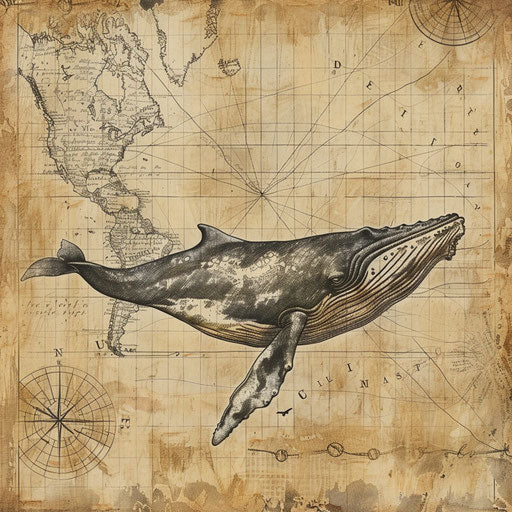 Vintage nautical whale tattoo sketch with old map textures