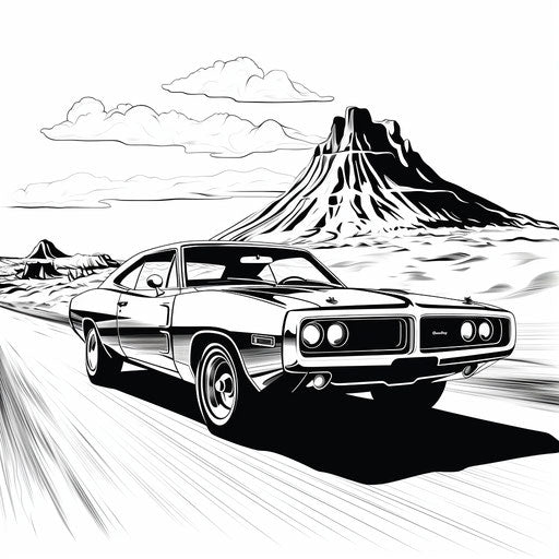 The best images of Dodge Charger coloring pages, in the style of 1970s, vintage imagery, white and bronze, light turquoise and crimson, noir comic art, dark yellow and white, masculine