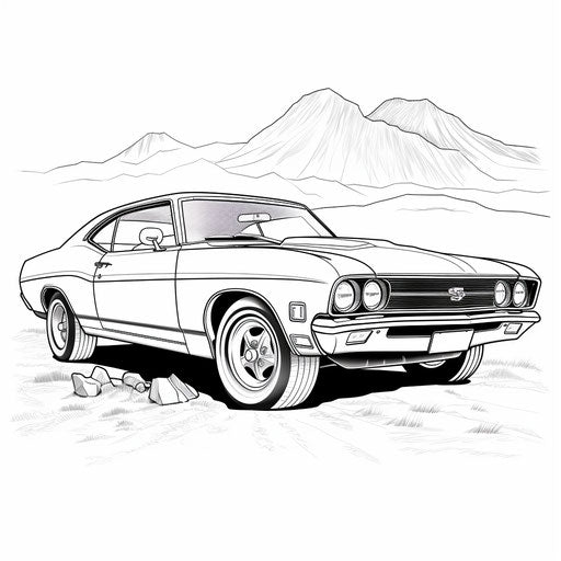 New car coloring page, best vintage muscle cars design, in the style of James Bullough, Joseph Beuys, captivating, John Lowrie Morrison, dark white and maroon, RTX on, Kodak Professional Tri-X 320