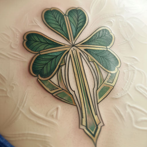 Art deco inspired shamrock tattoo with green and gold lines on white background