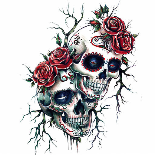 Sugar skull tattoo design with roses and intertwined thorns
