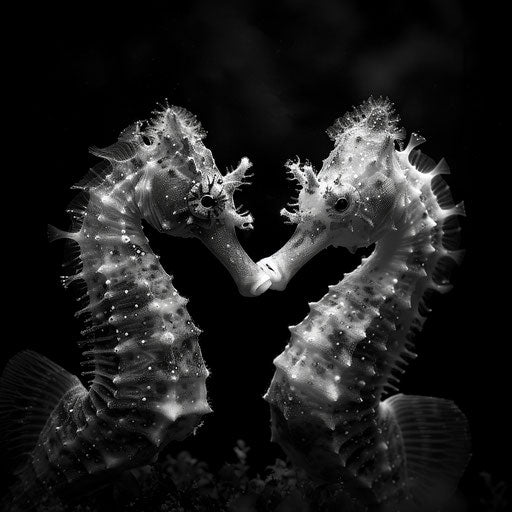 Seahorses in black and white, intense and dramatic