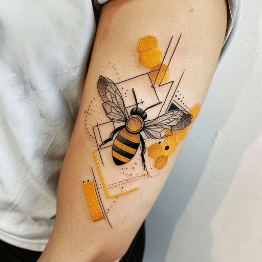 Modern geometric honey tattoo, sharp lines in black and yellow, on white background