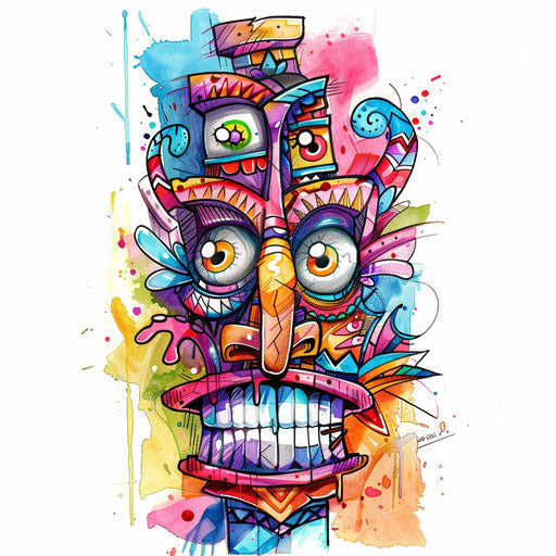 Cartoon tattoo sketch of a moko with bright colors