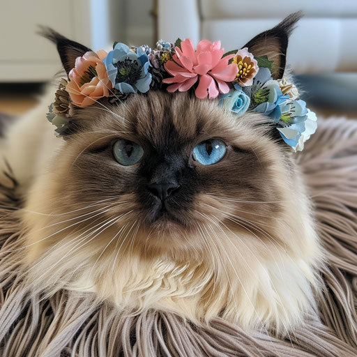 Himalayan cat with a floral crown, lying on a fluffy rug