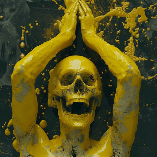 Yellow face of a man with raised arms