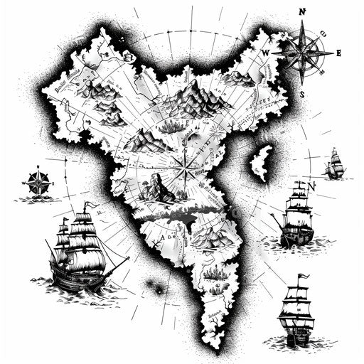 Intricate pirate map tattoo design