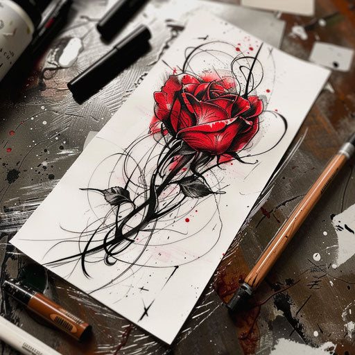 Contemporary tattoo sketch of a red rose with splash ink style and dynamic strokes