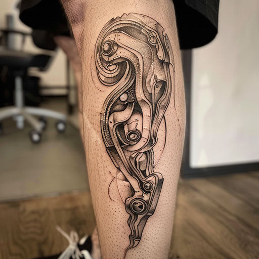 Small tattoo with a biomechanical design in the style of Guy Aitchison