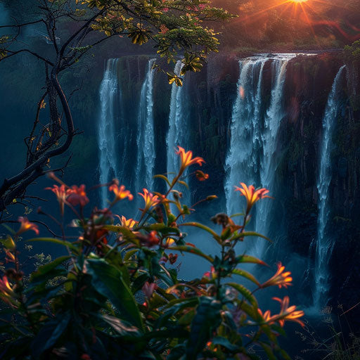 Victoria Falls with lush greenery and exotic flowers