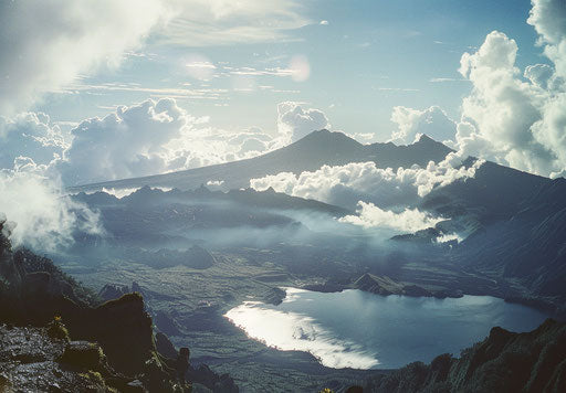 Volcano on island with lake in old 35mm photo