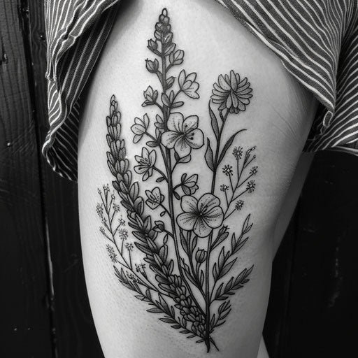 Black and grey wildflower tattoo, realistic shading, intricate details