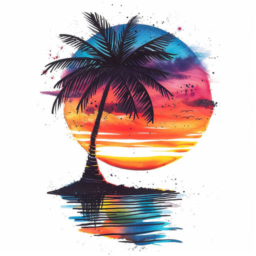 Vibrant sunset tattoo with silhouetted palm tree