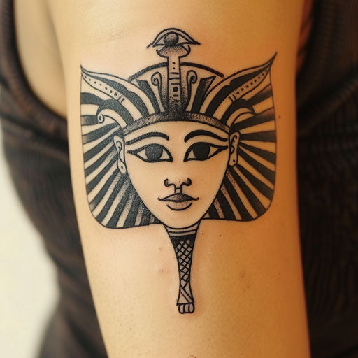 Ancient Egyptian style smiley face tattoo, hieroglyphics and symbols, on white