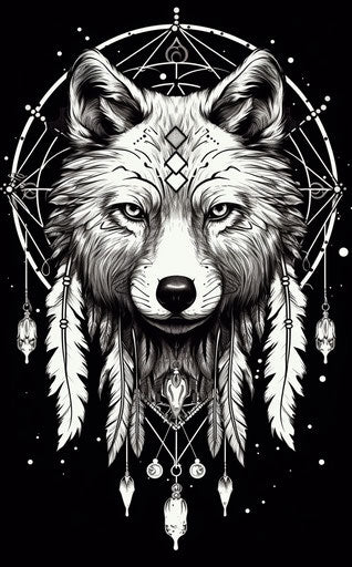 Black and white drawing of animals and dream catcher