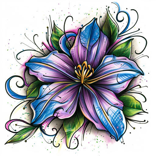 Whimsical violet flower tattoo with cartoonish features