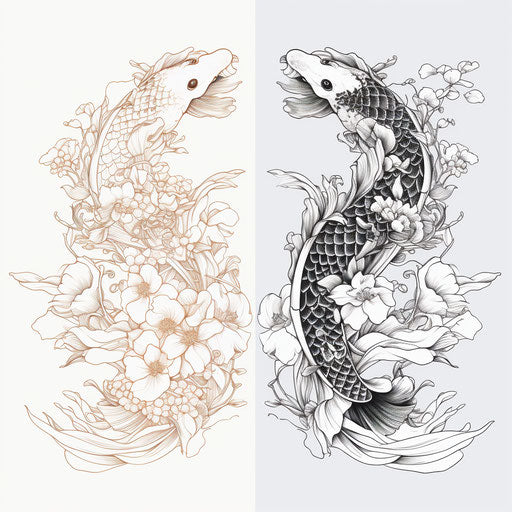 Koi and flower dragons for coloring, Song dynasty style, realistic minimalist ink drawings, intricate geometric techniques