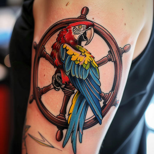 Colorful parrot sitting on ship's wheel tattoo