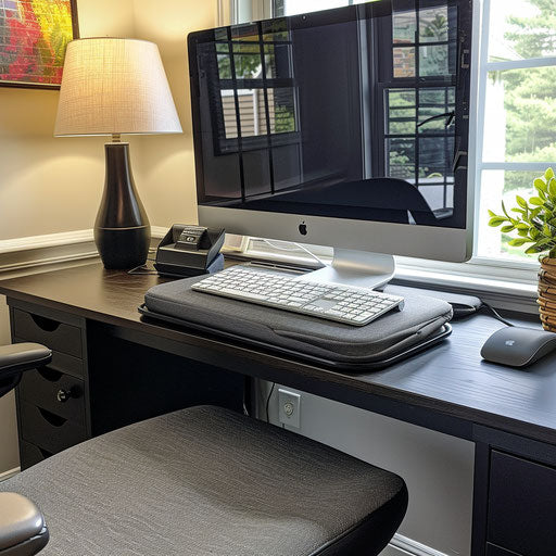 Ergonomic setup with monitor riser, keyboard tray, and seat cushion