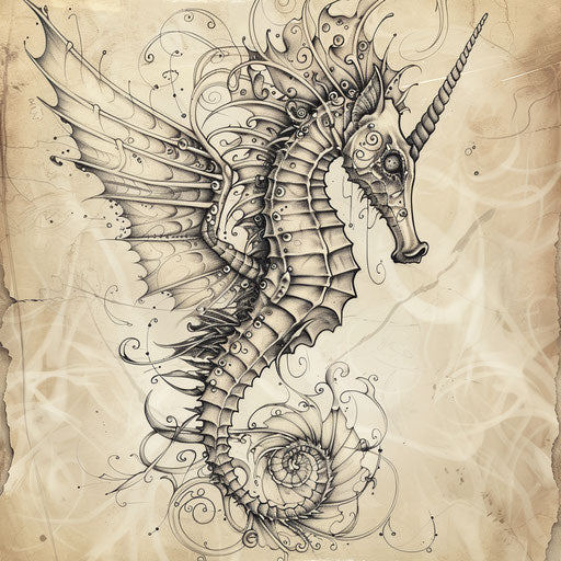 Mythical seahorse tattoo sketch with fantasy elements like wings and magical swirls