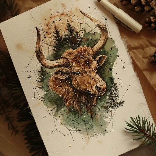 Enchanted tattoo sketch of the Taurus constellation with a forest theme and natural green and brown colors