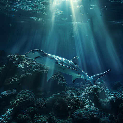 Hammerhead shark patrols reef with dramatic light beams