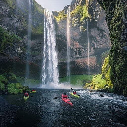 Waterfall at Seljalandsfoss, Iceland, with kayakers