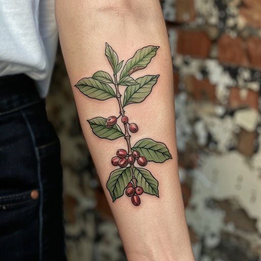 Elegant sketch of a coffee plant with berries in green and brown