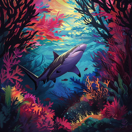 Tiger shark swimming in a vibrant coral reef