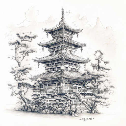 Asian pagoda in a dreamy symbolism style