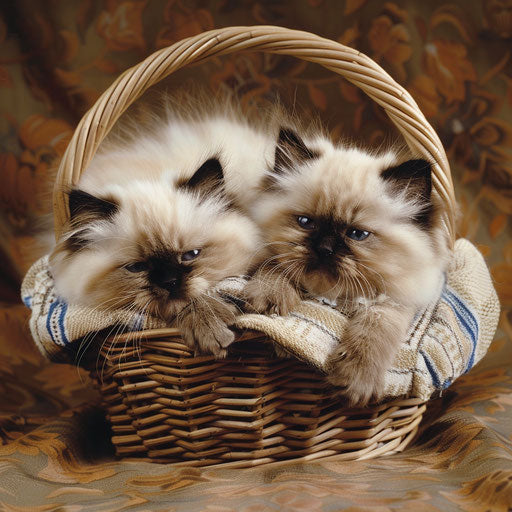 Two Himalayan cats snuggling in a wicker basket