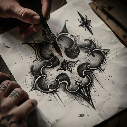 Vintage comic book style tattoo sketch of a heroic black clover emblem with dynamic shading