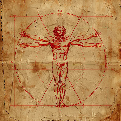 Touching tattoo sketch of the Vitruvian Man with heart anatomy, in vivid reds