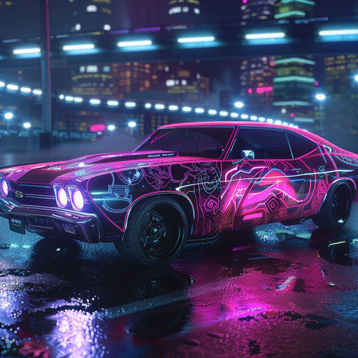 1969 Chevrolet Chevelle SS cyberpunk style with digital graffiti and high-tech enhancements