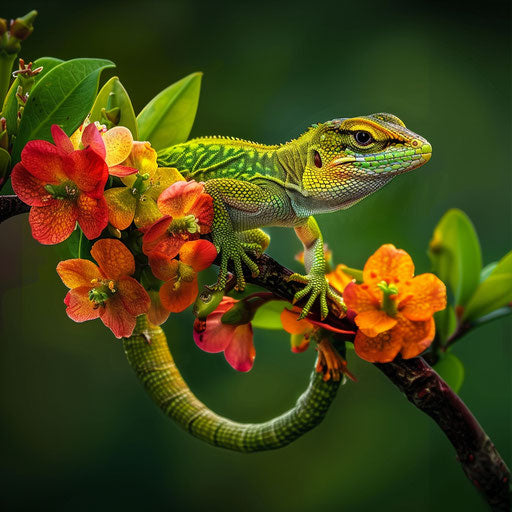 Anole lizard resting on branch with colorful flowers