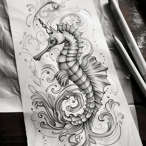 Art Nouveau inspired seahorse tattoo sketch