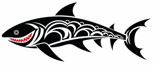 The tribal shark tattoo, avian-themed, Whistlerian style, commissioned for indigenous culture