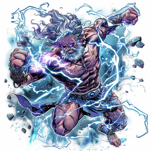 Action scene of Zeus hurling thunderbolts, comic book style