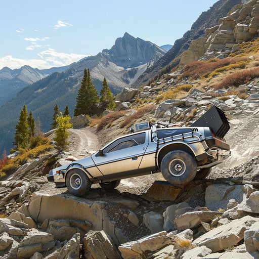 Off-road 1981 DeLorean DMC-12 on rugged mountain trail