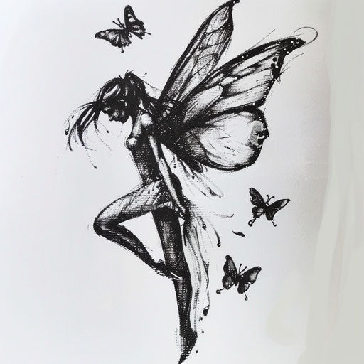 Butterfly-winged fairy tattoo design on white canvas