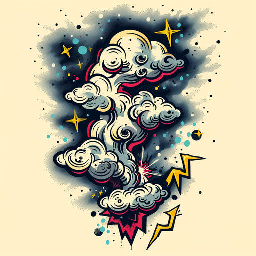 Flat tattoo sketch of storm with playful elements