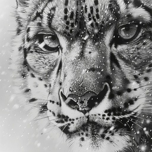 Detailed sketch of a snow leopard in falling snow