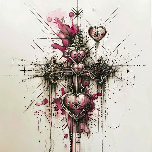 Romantic tattoo sketch with cross and heart shapes in deep red and pink